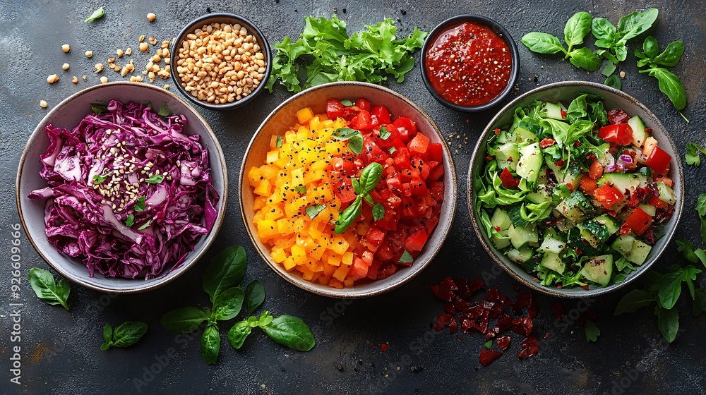Vibrant salads, mixed greens with colorful toppings. Vibrant salads, mixed greens with colorful toppings.