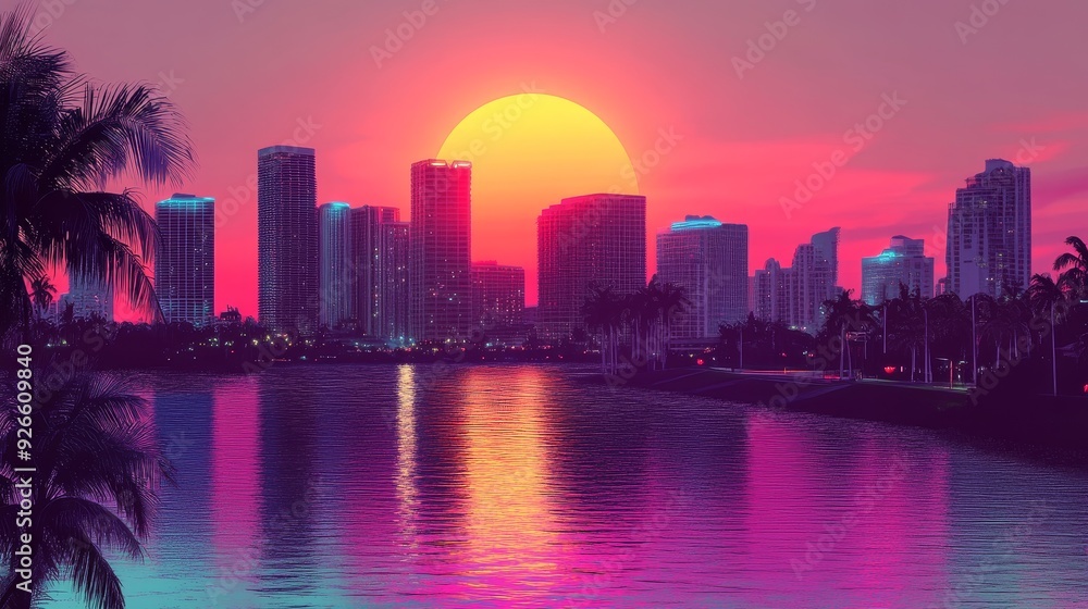 Obraz premium A vibrant sunset over a city skyline with palm trees and a reflecting lake, symbolizing urban life, tropical paradise, nature's beauty, golden hour, and tranquility.