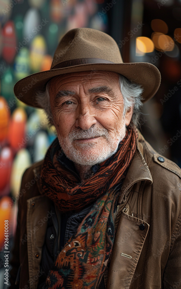 A man wearing a brown hat and scarf is smiling A man wearing a brown hat and scarf is smiling