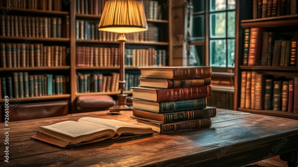 A warm and inviting reading nook with a stack of classic books, a vintage lamp, and a window overlooking a lush green garden. The image evokes a sense of peace, tranquility, and intellectual pursuit. A warm and inviting reading nook with a stack of classic books, a vintage lamp, and a window overlooking a lush green garden. The image evokes a sense of peace, tranquility, and intellectual pursuit.