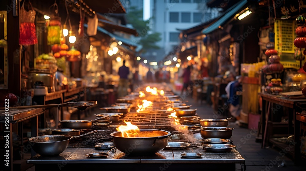 A long table adorned with various pots and pans. A long table adorned with various pots and pans.
