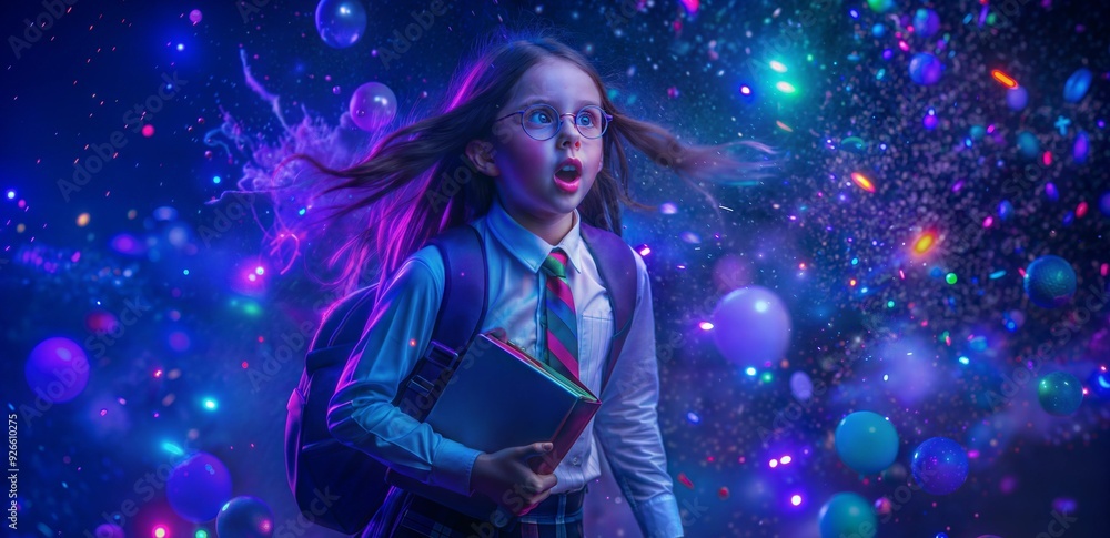 Magical educational moment as student reaches for glowing book in celestial classroom Magical educational moment as student reaches for glowing book in celestial classroom