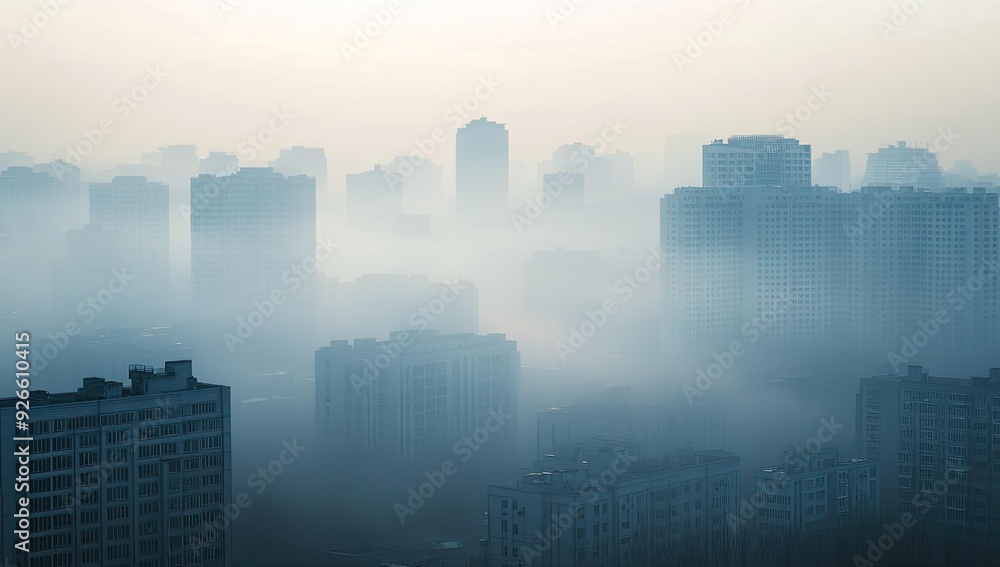 A foggy city skyline with tall buildings. A foggy city skyline with tall buildings.