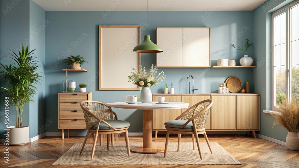 Warm and cozy dining room and kitchen interior with mockup poster frame, round table Warm and cozy dining room and kitchen interior with mockup poster frame, round table