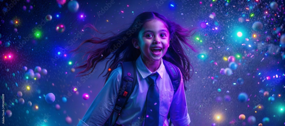 Exuberant student celebrates academic journey surrounded by vibrant cosmic energy swirls Exuberant student celebrates academic journey surrounded by vibrant cosmic energy swirls