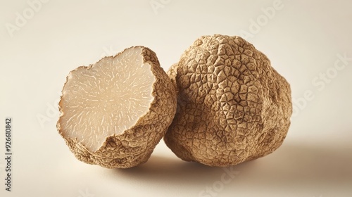 A white truffle mushroom, a culinary delicacy, sliced open to reveal its intricate inner texture. The truffle is a symbol of luxury, fine dining, and earthy flavors. photo