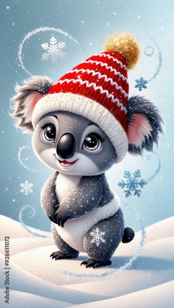 A cute koala wearing a red and white festive hat, standing in a snowy setting with snowflakes around. A cute koala wearing a red and white festive hat, standing in a snowy setting with snowflakes around.