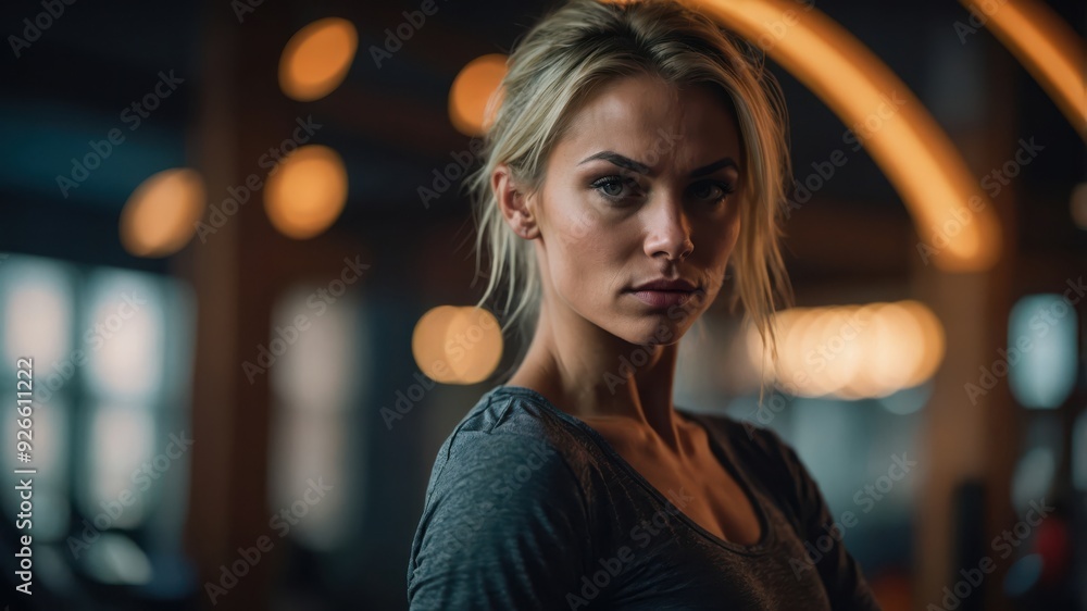 A close-up of a determined and confident woman in athletic gear, set against a moody gym background with lights. A close-up of a determined and confident woman in athletic gear, set against a moody gym background with lights.