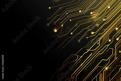 A modern abstract design featuring gold lines and dots representing network science and technology on a high-tech dark background. Ideal for templates, web design, and presentations