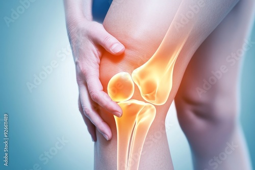 A woman's hand cradles her knee, highlighting the inflamed joint and visible bones. The image symbolizes pain, inflammation, joint health, and the need for medical attention.