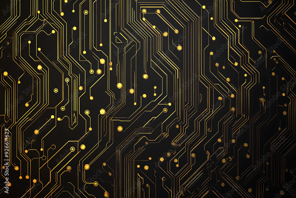 A modern abstract design featuring gold lines and dots representing network science and technology on a high-tech dark background. Ideal for templates, web design, and presentations A modern abstract design featuring gold lines and dots representing network science and technology on a high-tech dark background. Ideal for templates, web design, and presentations