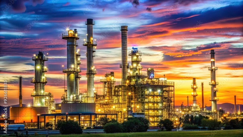 Obraz premium Oil refinery plant illuminated by twilight sky , oil refinery, industrial, petrochemical, plant, factory