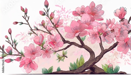 Blossoming spring watercolor plant tree pink floral illustration nature flowers