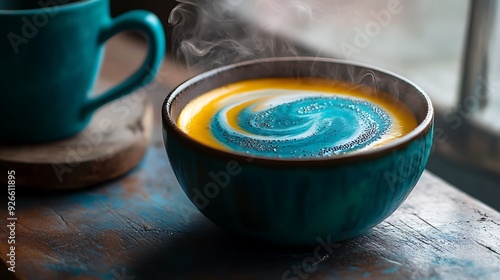 Steaming Bowl of Blue and Yellow Swirled Soup