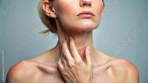 Close-up view of caucasian woman holding loose skin on neck , turkey neck, platysmaplasty, neck lift, cosmetic surgery