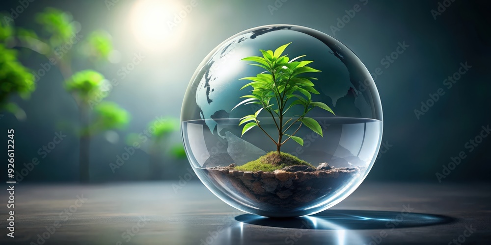 Futuristic glass globe with a plant and mechanical structure , technology, future, innovation, nature, sustainability Futuristic glass globe with a plant and mechanical structure , technology, future, innovation, nature, sustainability