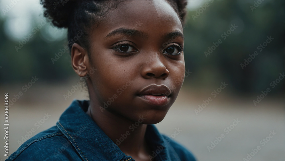 A young girl stands confidently, her intense gaze capturing the essence of youthful determination. A young girl stands confidently, her intense gaze capturing the essence of youthful determination.