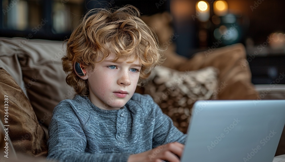 Deaf teenager boy Wearing Hearing Aid using Laptop. Deaf teenager boy Wearing Hearing Aid using Laptop.