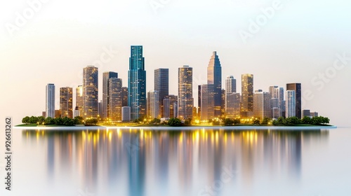 Stunning city skyline reflecting off water at sunset, showcasing modern architecture and vibrant urban life.