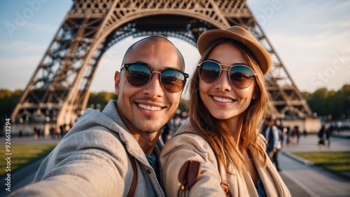 Happy couple with sunglasses smiling and taking a selfie in front of the Eiffel Tower, capturing their joyful travel moment.