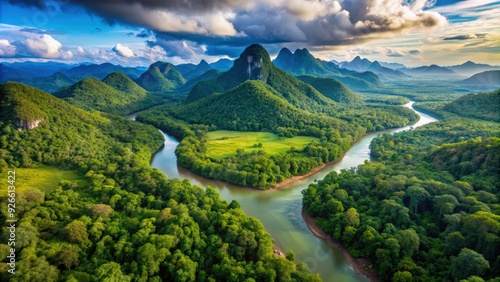 Aerial view of a winding river in lush tropical forest with majestic mountains in the background, river, aerial view, tropical