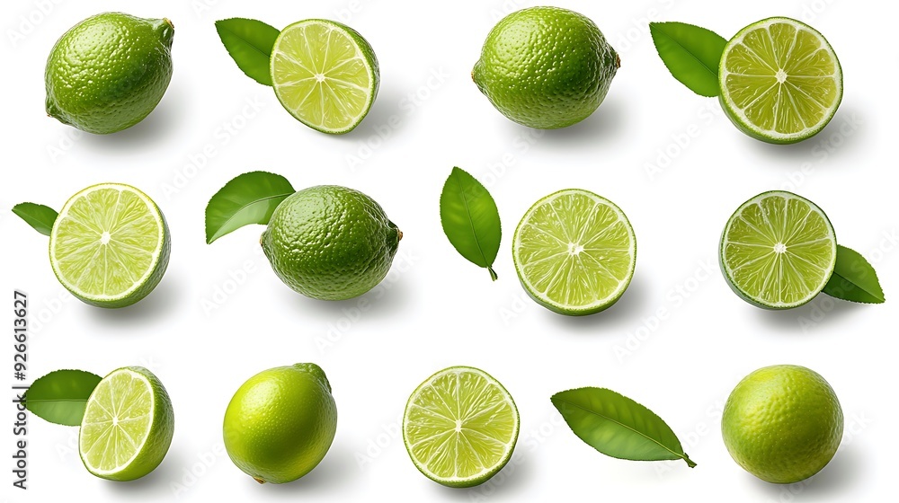 Fresh limes with leaves and slices isolated on white background. Fresh limes with leaves and slices isolated on white background.