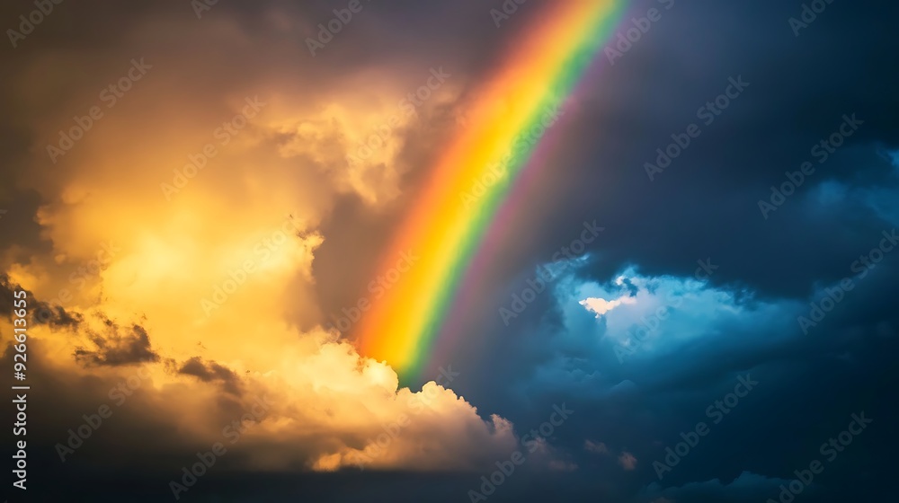 A Vibrant Rainbow Arcing Through Dramatic Storm Clouds A Vibrant Rainbow Arcing Through Dramatic Storm Clouds