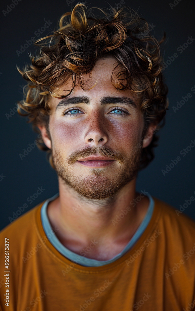 Fototapeta premium A man with a beard and blue eyes is smiling for the camera. He is wearing a yellow shirt
