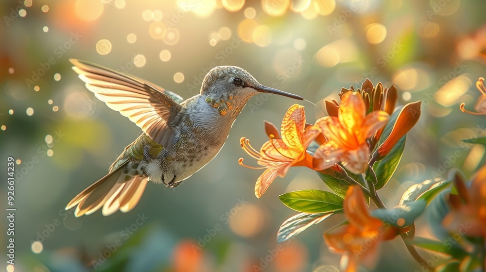 Naklejka premium Hummingbird hovering in mid-air, its wings a blur of motion as it feeds from a vibrant flower, against a soft green backdrop.