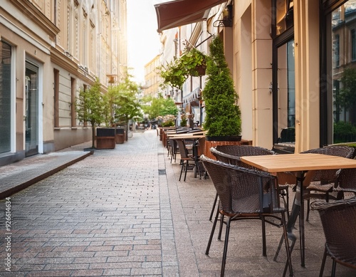 City street restaurant cafe travel table sidewalk chair terrace building