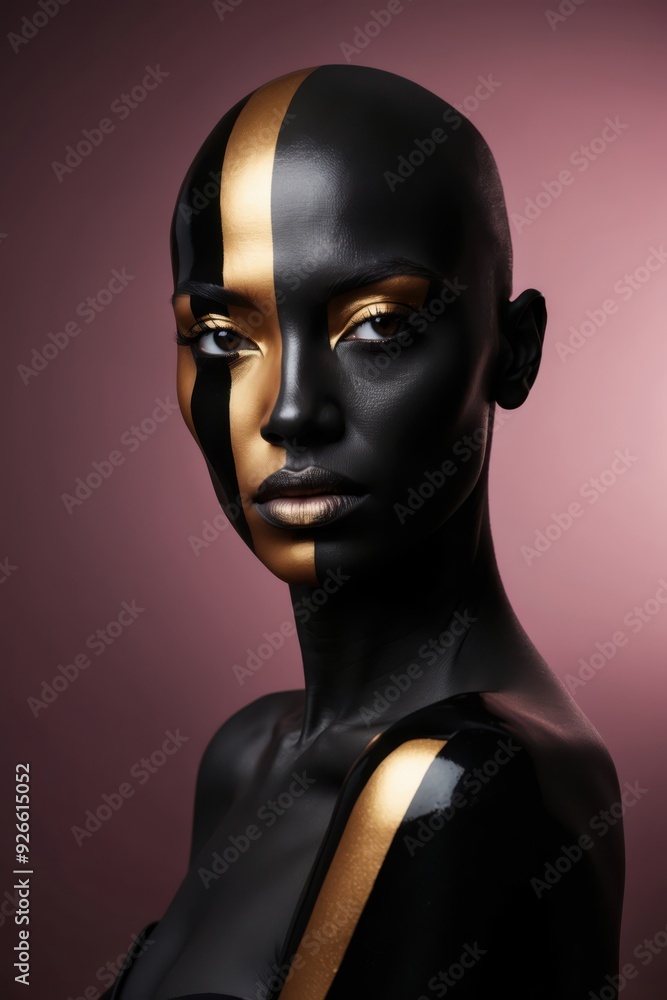A model with black and gold makeup contrasts against a dark pink background, creating a glamorous visual effect. A model with black and gold makeup contrasts against a dark pink background, creating a glamorous visual effect.