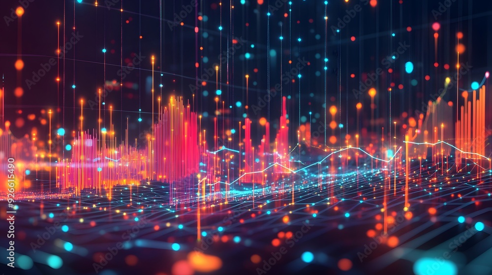 A dynamic visualization of colorful digital graphs and data points in 3D space, representing financial trends, market analysis, and data insights. A dynamic visualization of colorful digital graphs and data points in 3D space, representing financial trends, market analysis, and data insights.