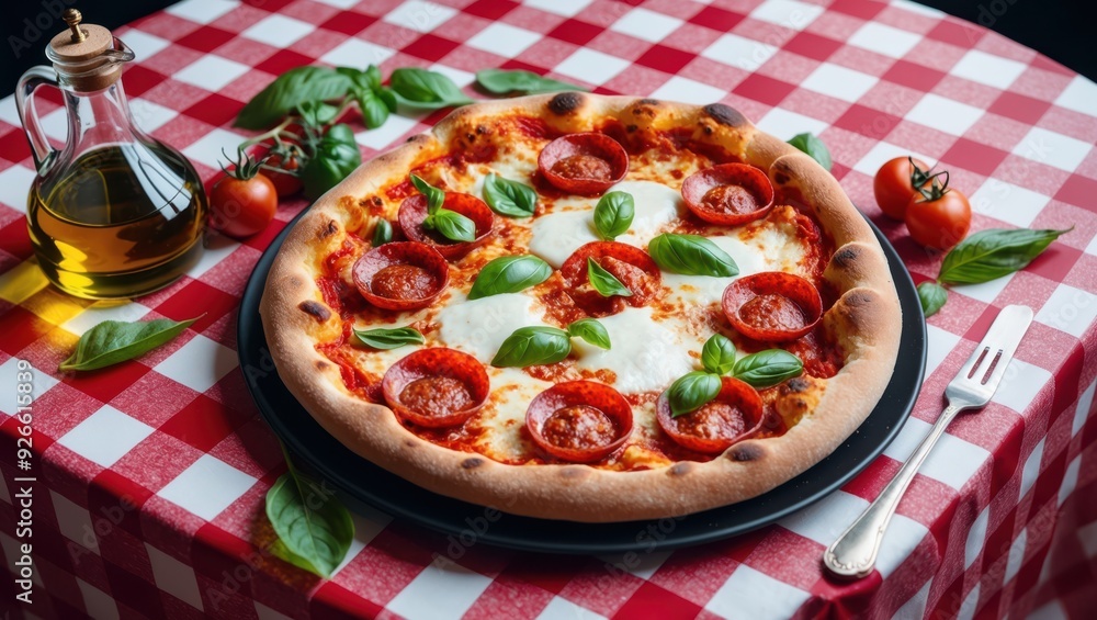 A delicious pepperoni pizza garnished with fresh basil leaves on a classic checkered tablecloth and served hot. A delicious pepperoni pizza garnished with fresh basil leaves on a classic checkered tablecloth and served hot.