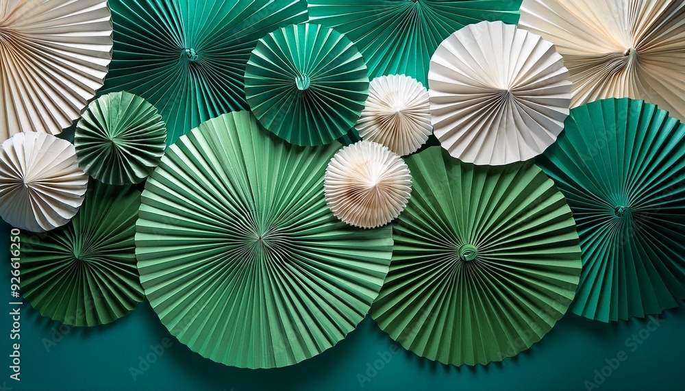 Obraz premium Decorative green and white paper fans arranged on a green wall with a blue background