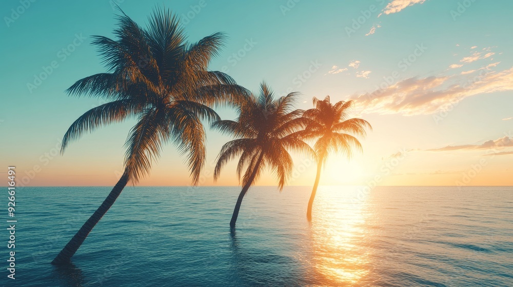 Three palm trees stand tall in the tranquil ocean, silhouetted against a vibrant sunset. The water is calm and inviting, while the sky is painted with warm hues of orange, pink, and purple. The image Three palm trees stand tall in the tranquil ocean, silhouetted against a vibrant sunset. The water is calm and inviting, while the sky is painted with warm hues of orange, pink, and purple. The image