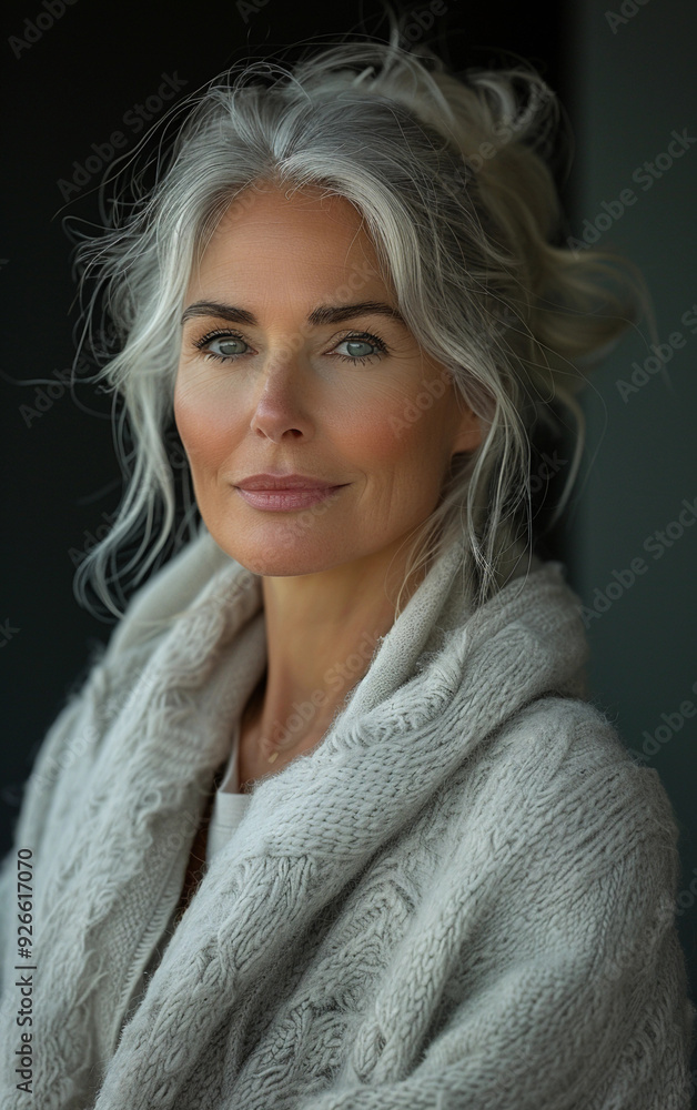 A woman with gray hair and a white sweater. She is smiling and looking at the camera. The sweater is knitted and has a pattern A woman with gray hair and a white sweater. She is smiling and looking at the camera. The sweater is knitted and has a pattern