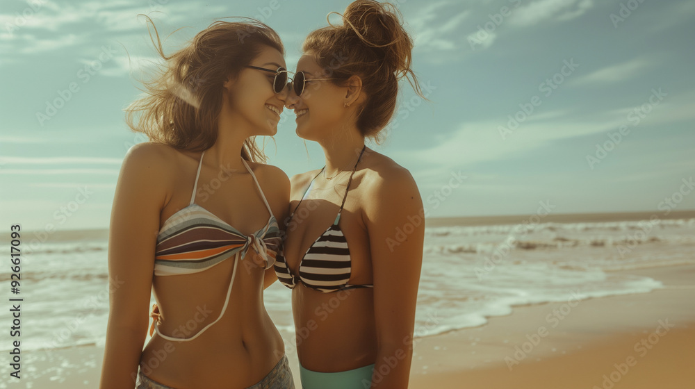 On a sunny beach day, two cherished friends enjoy a playful moment together, with the sun shining and gentle waves creating a cheerful atmosphere perfect for laughter and relaxation On a sunny beach day, two cherished friends enjoy a playful moment together, with the sun shining and gentle waves creating a cheerful atmosphere perfect for laughter and relaxation