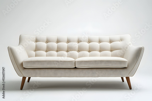Chic modern sofa with button tufts and angular wooden legs isolated on white background