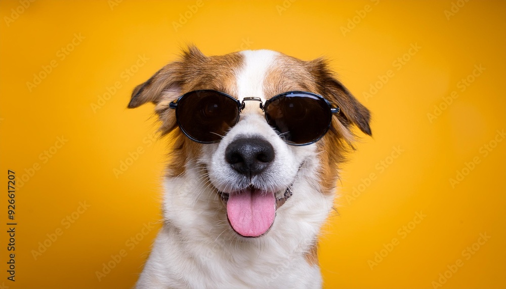 dog pet isolated cute portrait animal funny yellow background sunglasses smile. Generative AI. dog pet isolated cute portrait animal funny yellow background sunglasses smile. Generative AI.