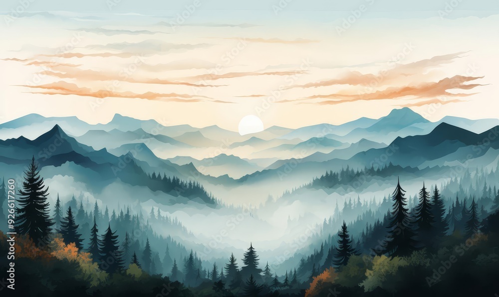 Hazy morning landscape flat design front view misty forest watercolor Splitcomplementary color scheme Hazy morning landscape flat design front view misty forest watercolor Splitcomplementary color scheme