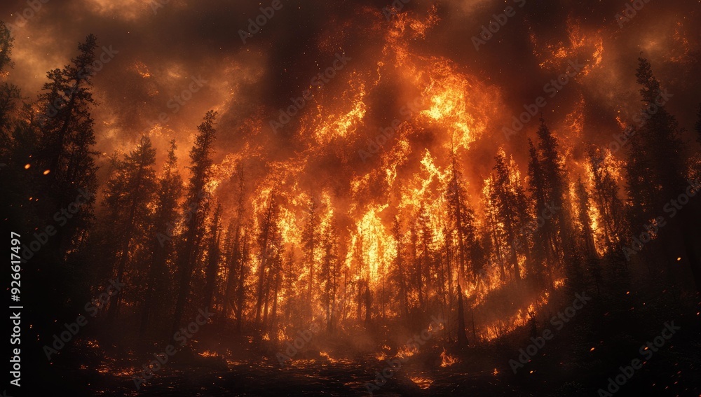 Forest fire raging through trees at night. Forest fire raging through trees at night.