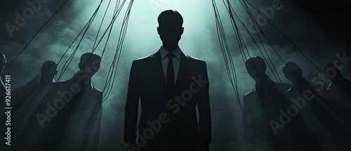 Political puppetry strings controlling corrupt politicians dark eerie atmosphere illustrating manipulation and power struggle shadows adding depth and intrigue