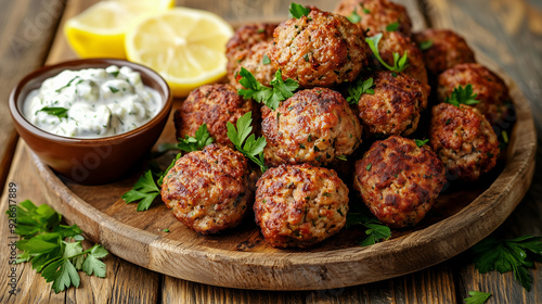  Traditional Greek Keftedakia with Tzatziki and Lemon photo