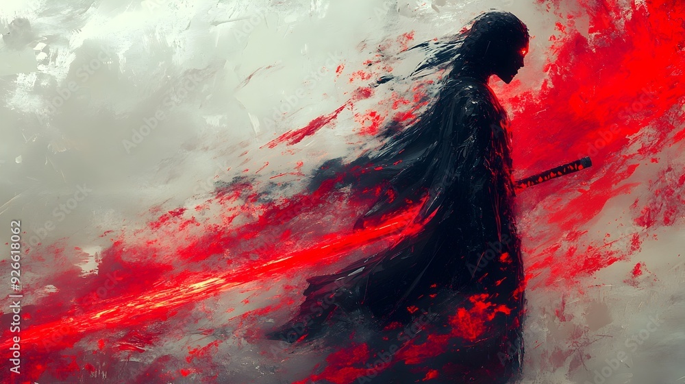 Ominous Warrior with Glowing Crimson Sword in Fragmented Digital Dreamscape Ominous Warrior with Glowing Crimson Sword in Fragmented Digital Dreamscape