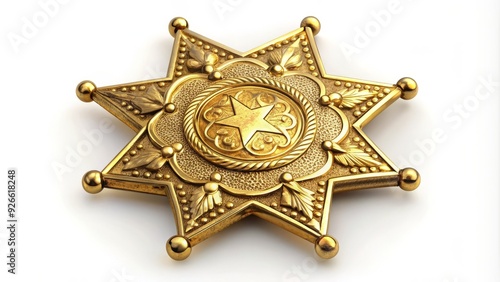 A gold-colored sheriff's badge with a star-shaped design and intricate details, symbolizing authority, justice, and protection in a classic Wild West law enforcement theme. photo