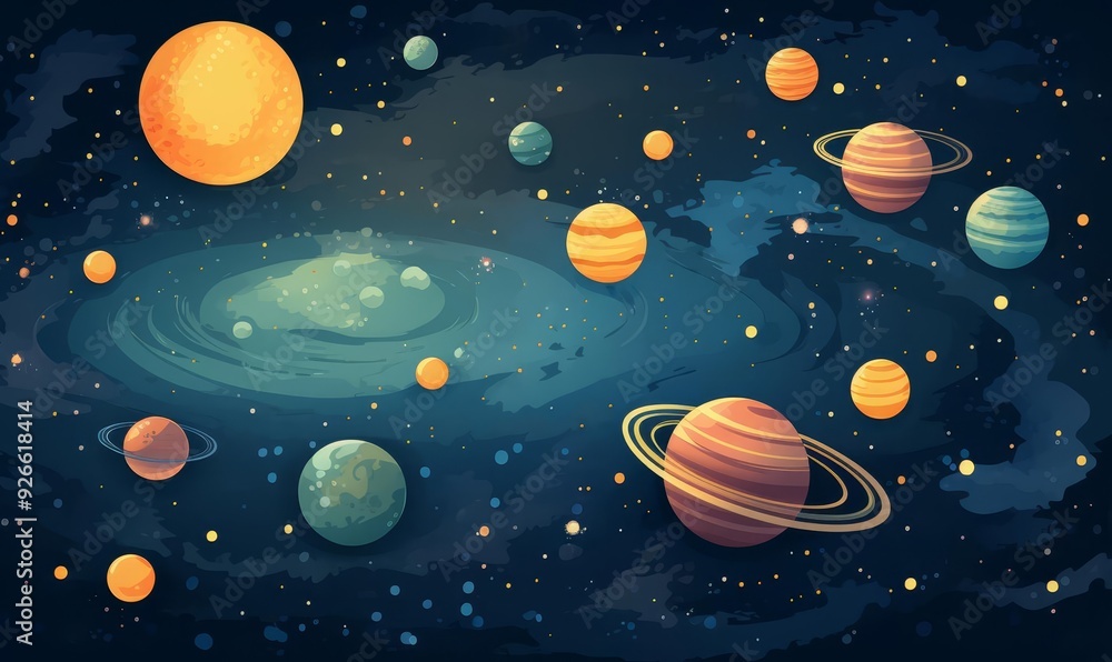 Space background with comet, flat design, top view, cosmic theme, cartoon drawing, vivid