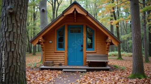 A quaint blue and gray cabin nestled in the woods, offering a peaceful and rustic retreat surrounded by nature's tranquility.