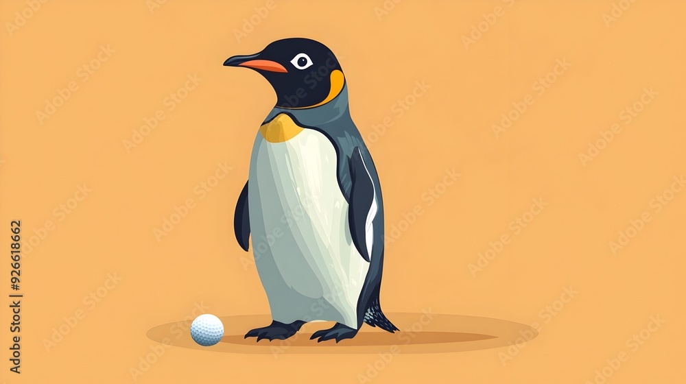 Fototapeta premium Penguin Enjoying a Game of Golf on a Flat Amber Background