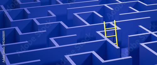 Concept - solving a complex problem by thinking out of the box or cheating. Blue maze and floor with a yellow ladder leaned against the wall. Web banner format