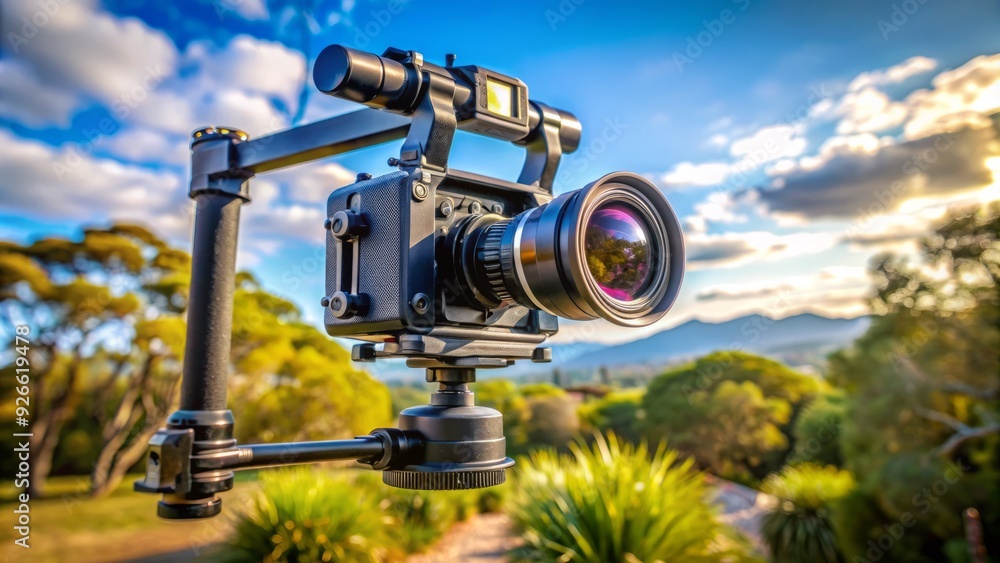 a high-quality camera mounted on a sturdy handheld stabilizer, ensuring smooth and precise footage capture in various environments. a high-quality camera mounted on a sturdy handheld stabilizer, ensuring smooth and precise footage capture in various environments.